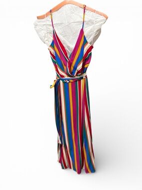 Blue Rain Multi-Stripe Wrap Midi Dress in Pink, Blue & Yellow
